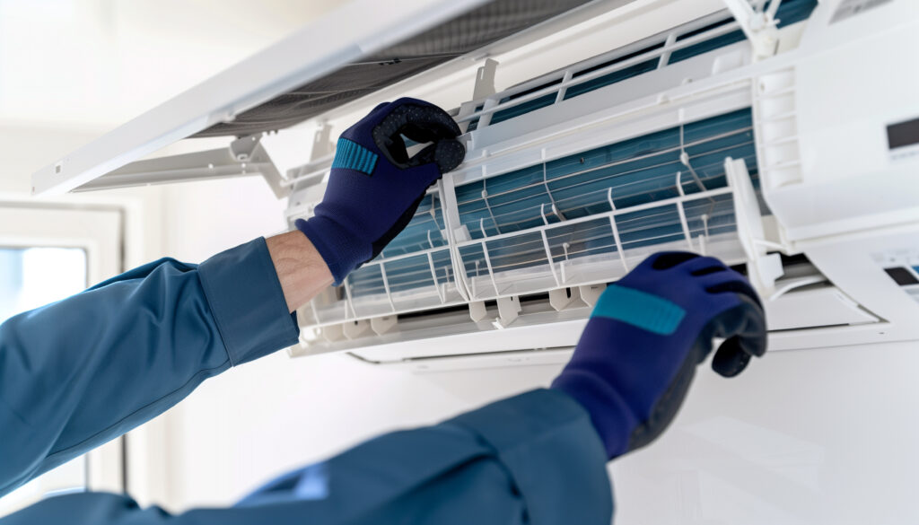 Professional Air Conditioner Technician Cleaning Interior Heat Pump with Navy-Blue Gloves on White Wall